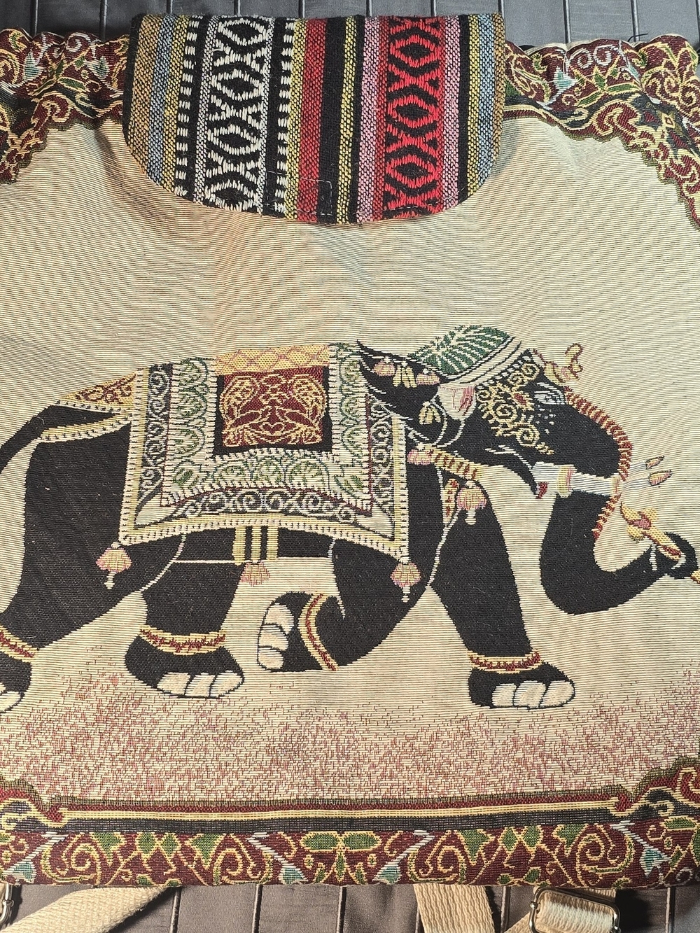 Thai Elephant Tapestry Backpack Adjustable Straps Drawstring Boho Bag